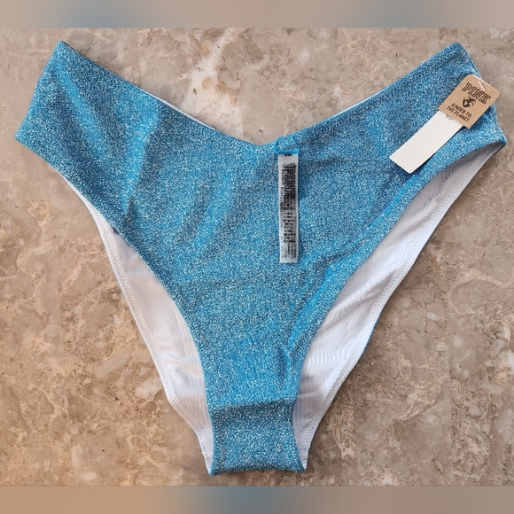 S M 🖤VS PINK Swim Shimmer HighWaist Cheeky Bikini Bottom Blue - Picture 4 of 6